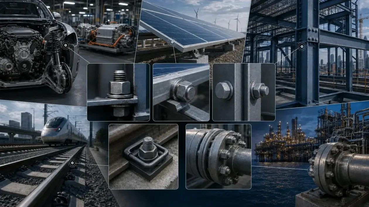 Automotive, solar, structural steel, railway and oil and gas fastening applications with central connection closeups